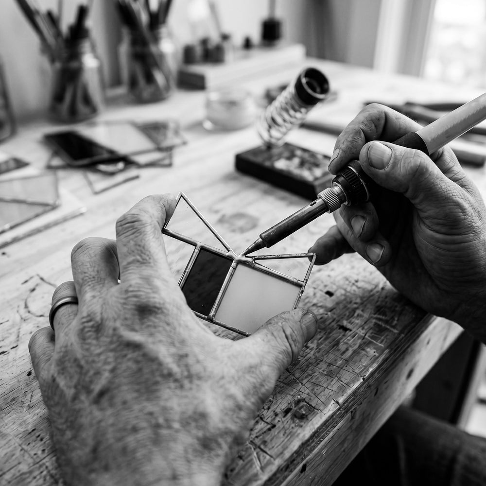 Stained-glass work in the Greyhouse Glass studio